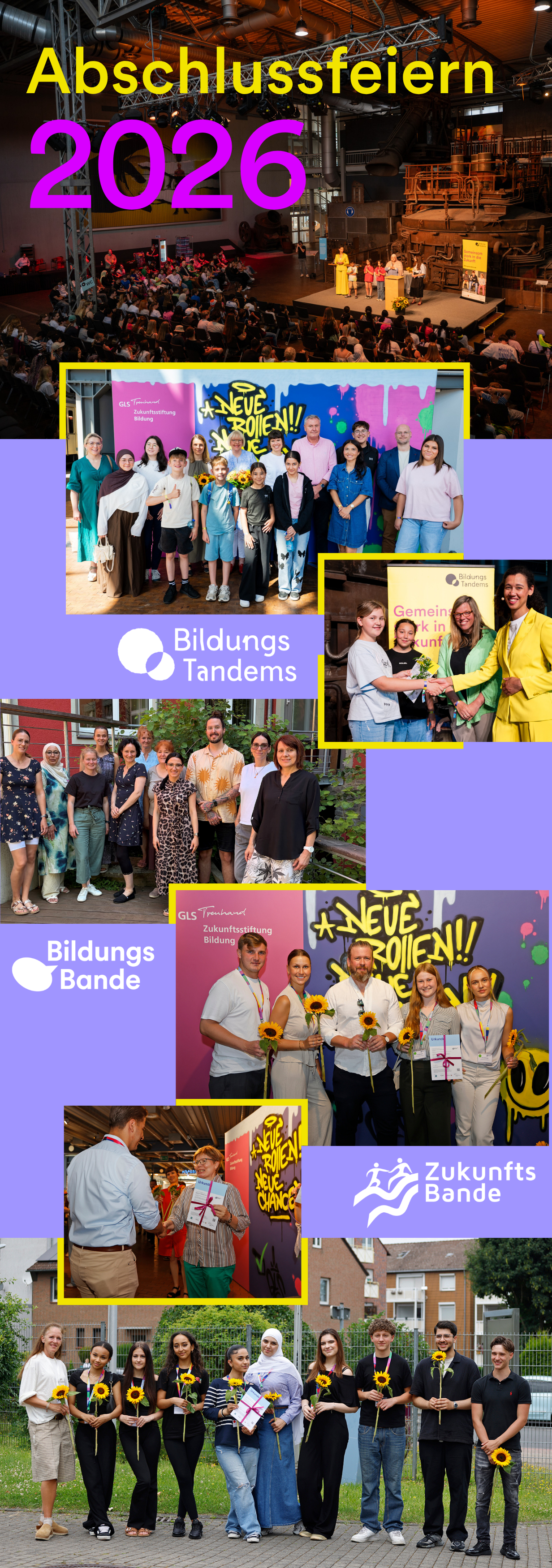 Fotogalerie mit mehreren Bildern: Kinder und Jugendliche auf der Bühne, bekommen Zertifikate überreicht, Lehrkräfte im Gespräch.