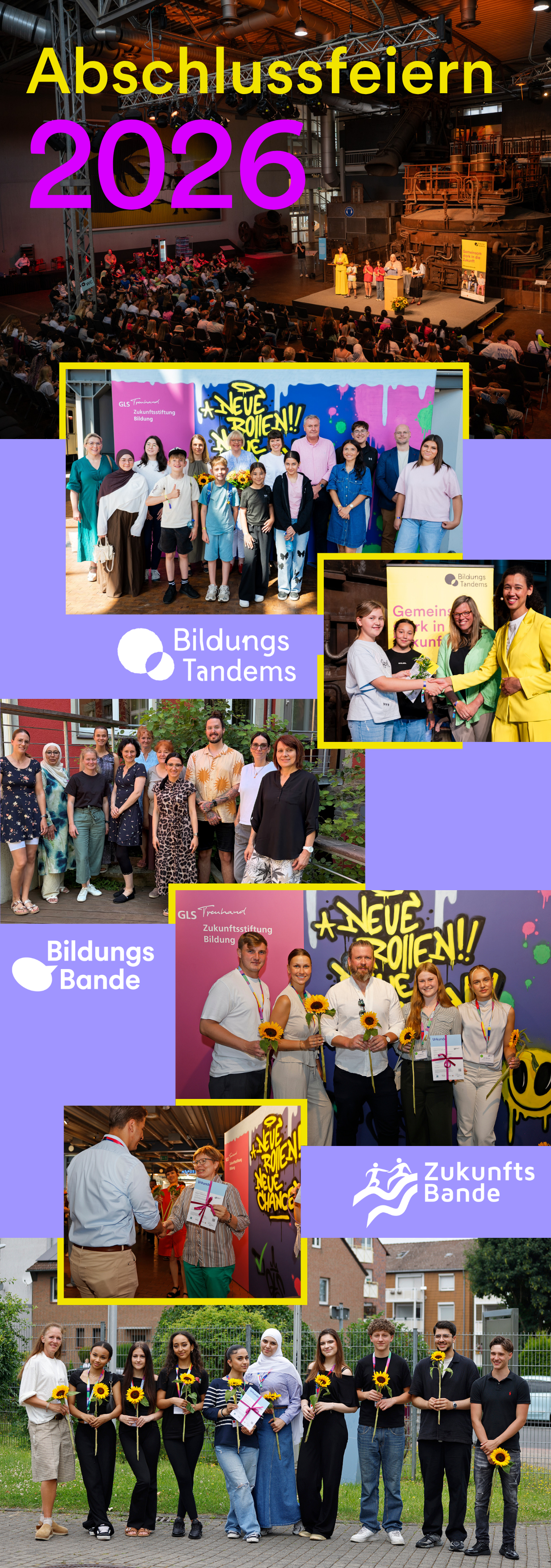 Fotogalerie mit mehreren Bildern: Kinder und Jugendliche auf der Bühne, bekommen Zertifikate überreicht, Lehrkräfte im Gespräch.